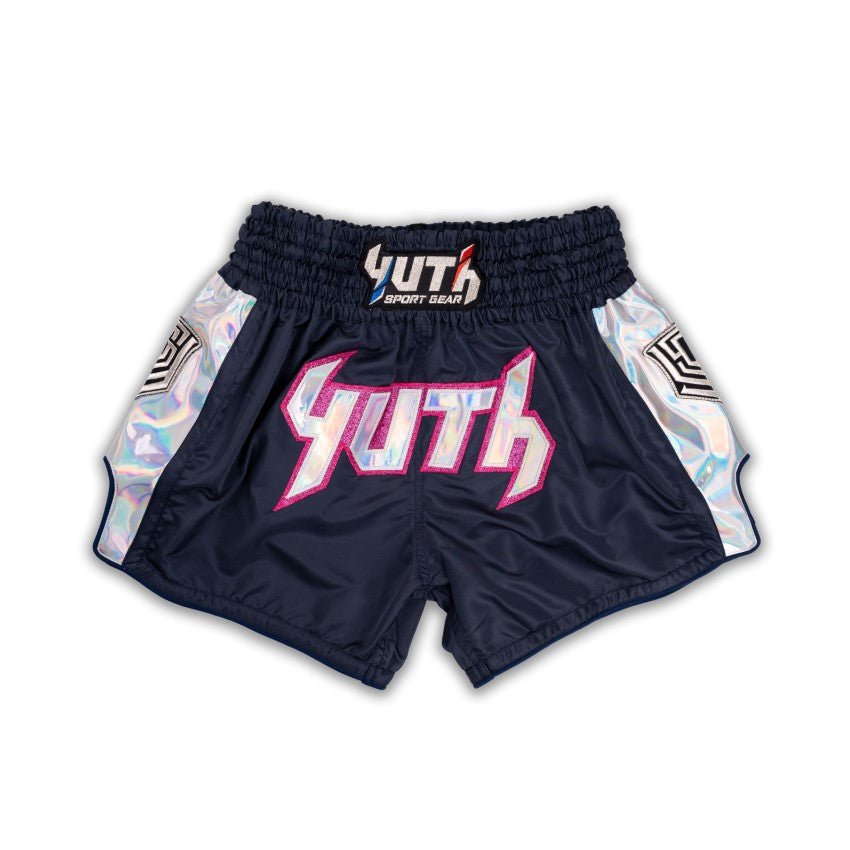 Black/Pink/Silver Yuth-Hologram Muay Thai Short Front