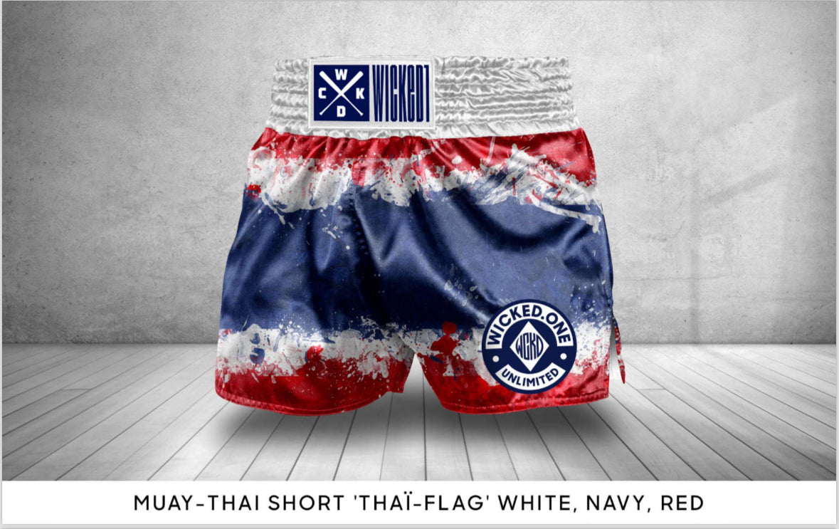 Wicked1 Muay Thai Short Thai Flag White Navy Red