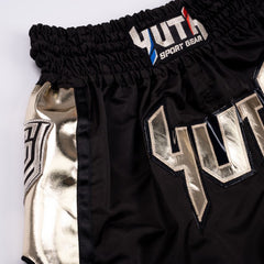 Black/Gold Yuth-Hologram Muay Thai Short Logo Gold