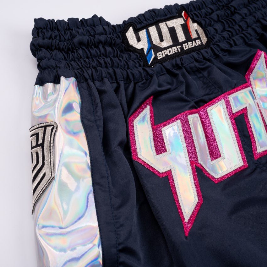 Black/Pink/Silver  Yuth-Hologram Muay Thai Short Logo Pink/Silver