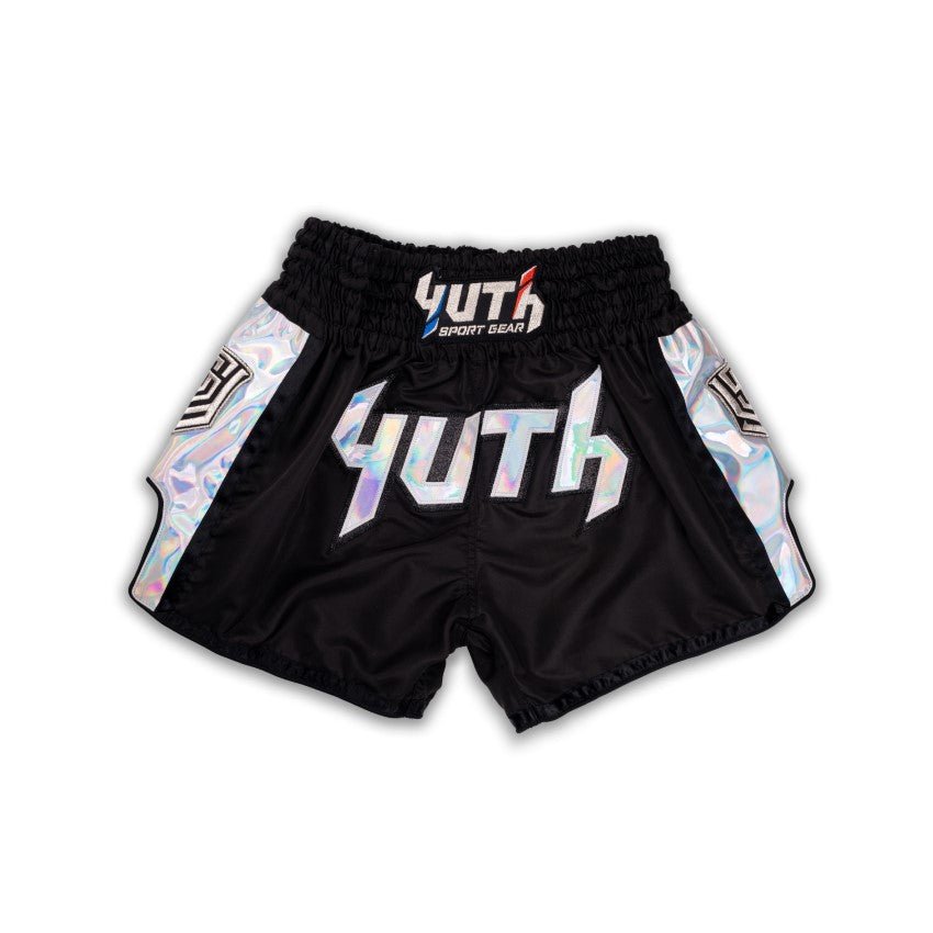 Black/Silver Yuth-Hologram Muay Thai Short Front