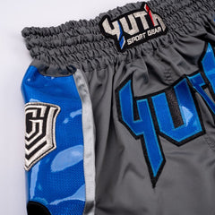 Grey/Blue Yuth-Hologram Muay Thai Short Logo Blue