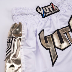 White/Gold Yuth-Hologram Muay Thai Short Logo Gold