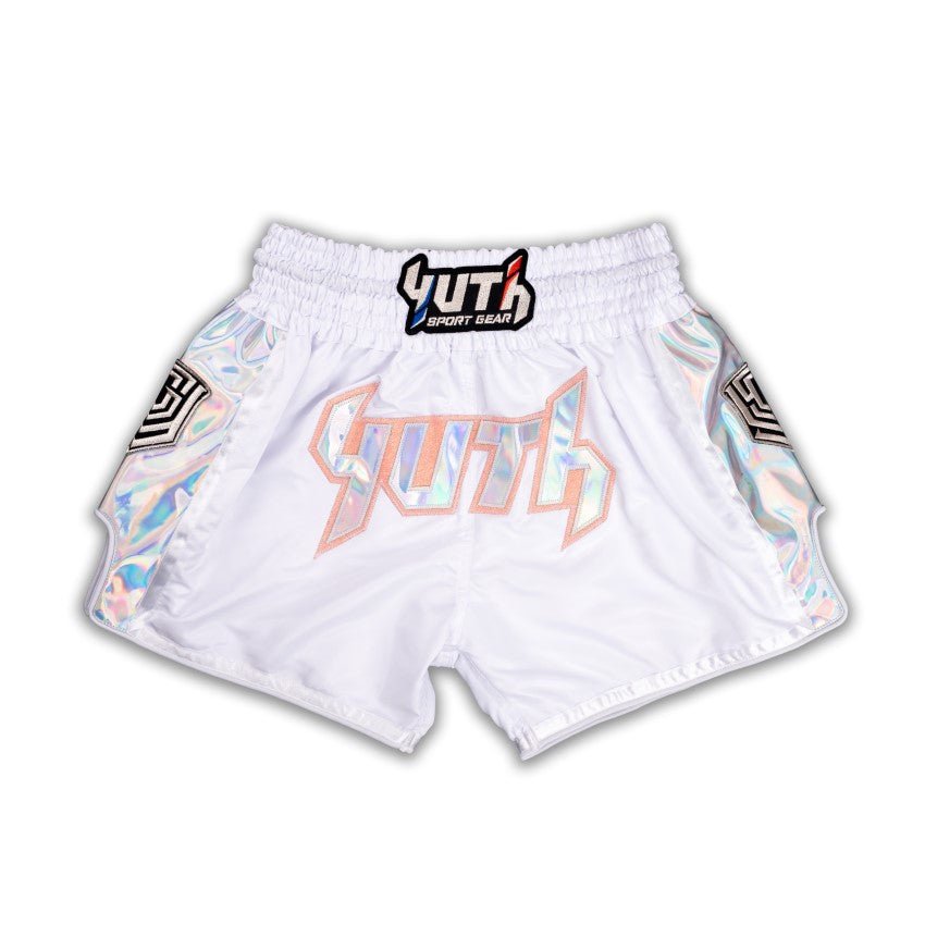 White/Silver/Orange  Yuth-Hologram Muay Thai Short Front